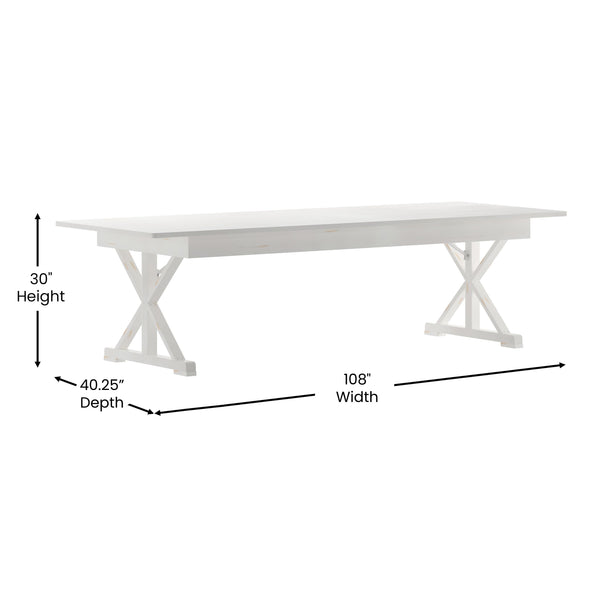 Antique Rustic White |#| Solid Pine Farm Dining Table with X-Style Legs in Antique Rustic White-9' x 40inch