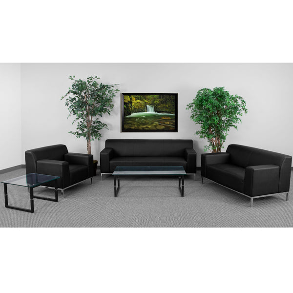 Black LeatherSoft Reception Room Set w/ Line Stitching &Stainless Steel Frame