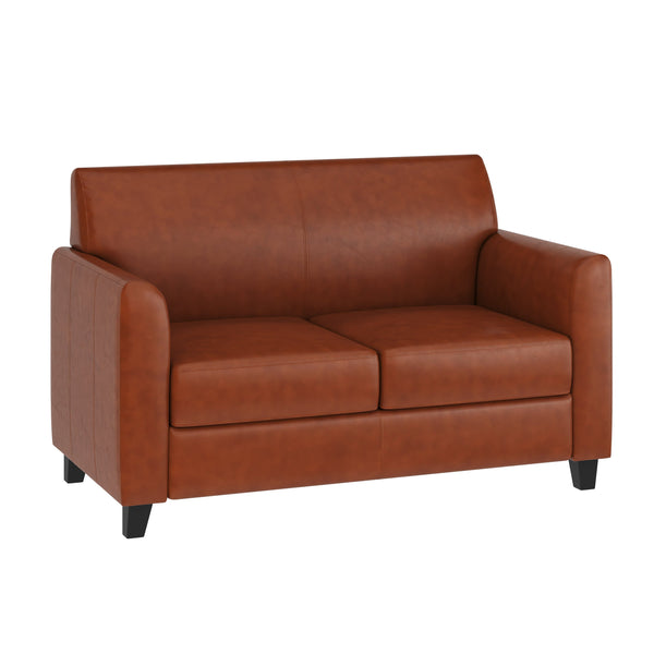 Cognac |#| Cognac LeatherSoft Loveseat with Clean Line Stitched Frame - Reception Seating