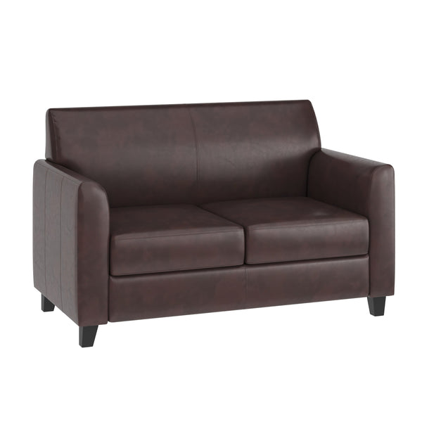 Brown |#| Brown LeatherSoft Loveseat w/ Clean Line Stitched Frame - Reception Seating