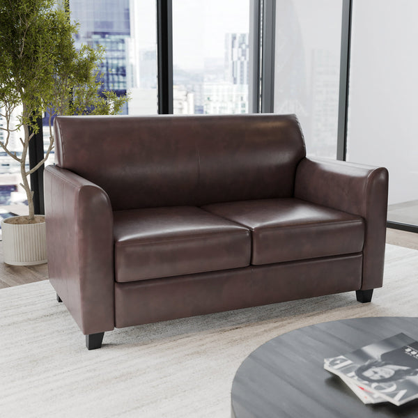 Brown |#| Brown LeatherSoft Loveseat w/ Clean Line Stitched Frame - Reception Seating