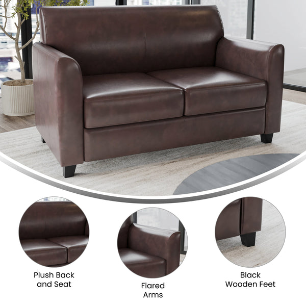 Brown |#| Brown LeatherSoft Loveseat w/ Clean Line Stitched Frame - Reception Seating