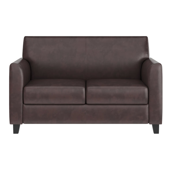Brown |#| Brown LeatherSoft Loveseat w/ Clean Line Stitched Frame - Reception Seating