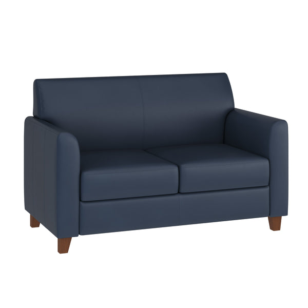 Navy |#| Navy LeatherSoft Loveseat w/ Clean Line Stitched Frame - Reception Seating