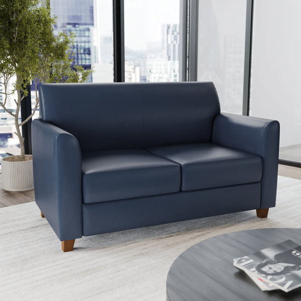 Navy |#| Navy LeatherSoft Loveseat w/ Clean Line Stitched Frame - Reception Seating