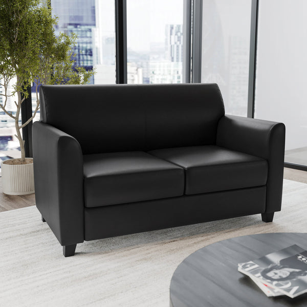 Black |#| Black LeatherSoft Loveseat w/ Clean Line Stitched Frame - Reception Seating