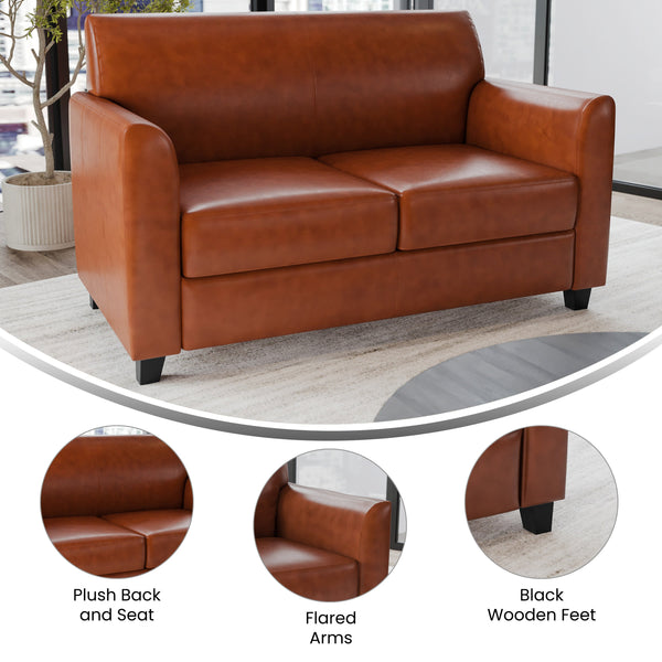 Cognac |#| Cognac LeatherSoft Loveseat with Clean Line Stitched Frame - Reception Seating
