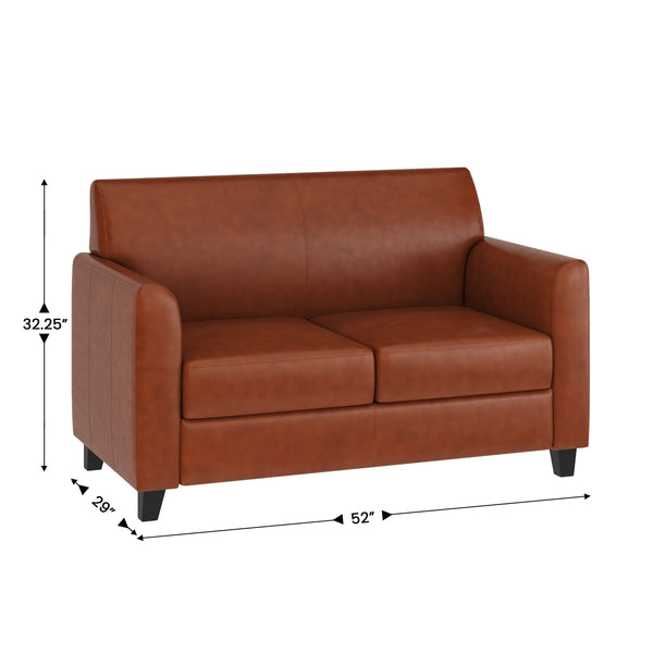 Cognac |#| Cognac LeatherSoft Loveseat with Clean Line Stitched Frame - Reception Seating