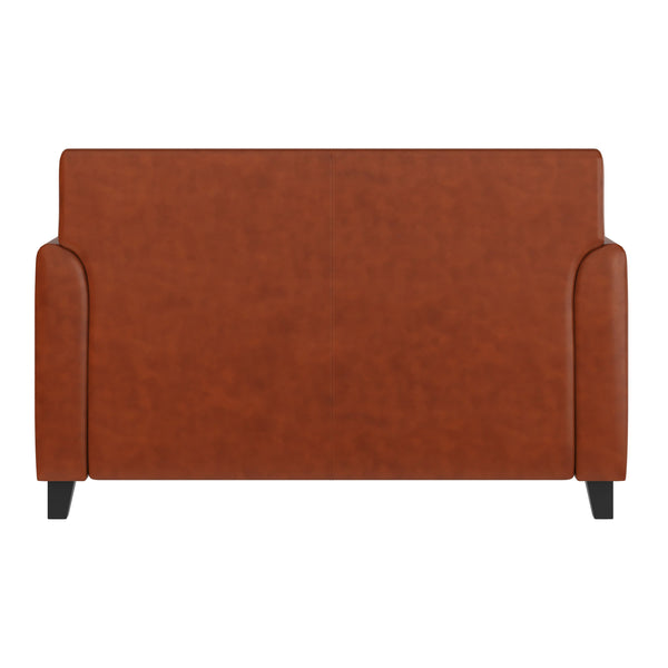 Cognac |#| Cognac LeatherSoft Loveseat with Clean Line Stitched Frame - Reception Seating