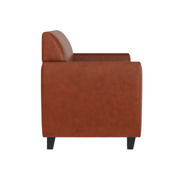 Cognac |#| Cognac LeatherSoft Loveseat with Clean Line Stitched Frame - Reception Seating