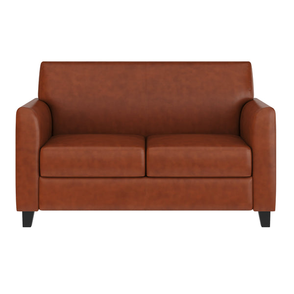 Cognac |#| Cognac LeatherSoft Loveseat with Clean Line Stitched Frame - Reception Seating