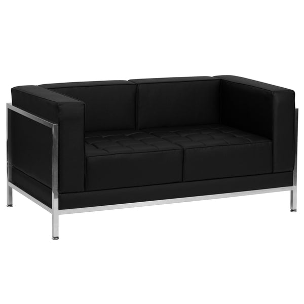 Black |#| Black LeatherSoft Modular Loveseat w/Quilted Tufted Seat &Encasing Frame