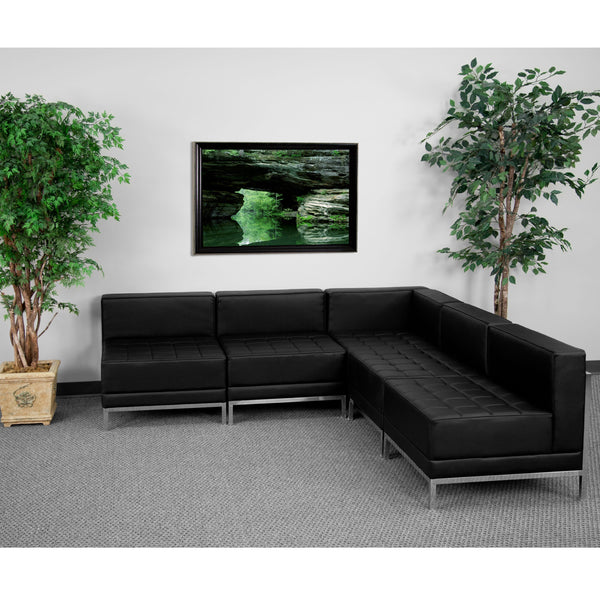 Black |#| 5 Piece Black LeatherSoft Modular Sectional Configuration - Stainless Steel Legs