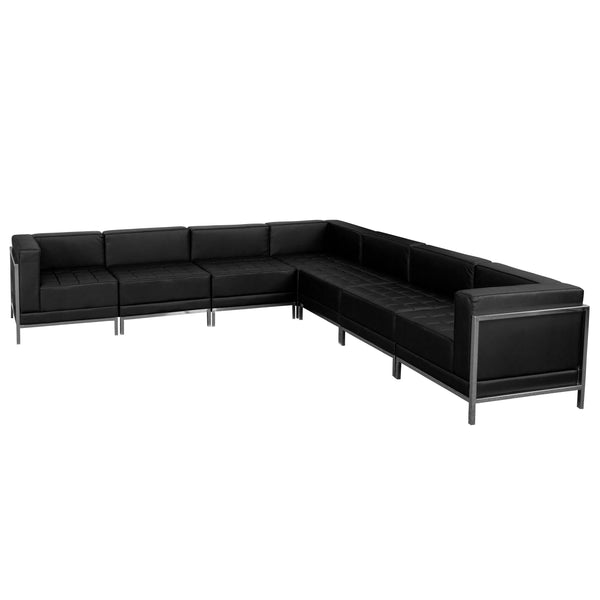 Black |#| 7 Piece Black LeatherSoft Modular Sectional Configuration - Stainless Steel Legs