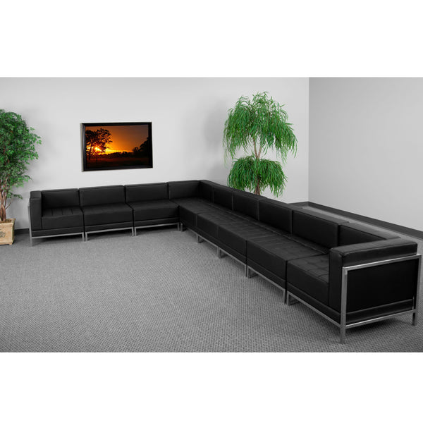 Black |#| 9 Piece Black LeatherSoft Modular Sectional Configuration - Stainless Steel Legs