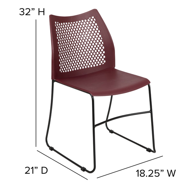 Burgundy |#| Home and Office Burgundy Sled Base Stack Chair with Air-Vent Back - Guest Chair