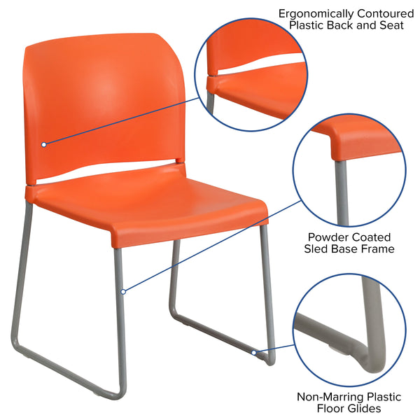 Orange |#| 880 lb. Capacity Orange Full Back Contoured Stack Chair with Sled Base