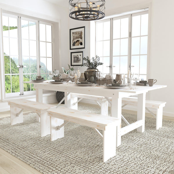 Antique Rustic White |#| 5 Piece Set-8' x 40inch Antique Rustic White Folding Farm Table and Four Bench Set