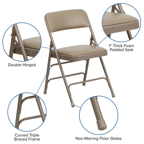 Beige Vinyl/Beige Frame |#| Curved Triple Braced & Double Hinged Beige Vinyl Metal Folding Chair