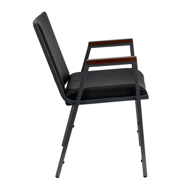 Black Vinyl |#| Heavy Duty Black Vinyl Stack Chair with Arms - Reception Furniture