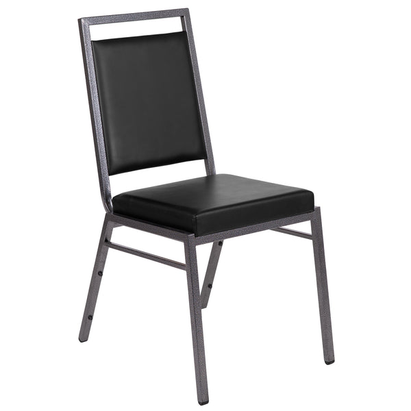 Black Vinyl/Silver Vein Frame |#| Square Back Banquet Stack Chair in Black Vinyl - Wedding Party Event Chair