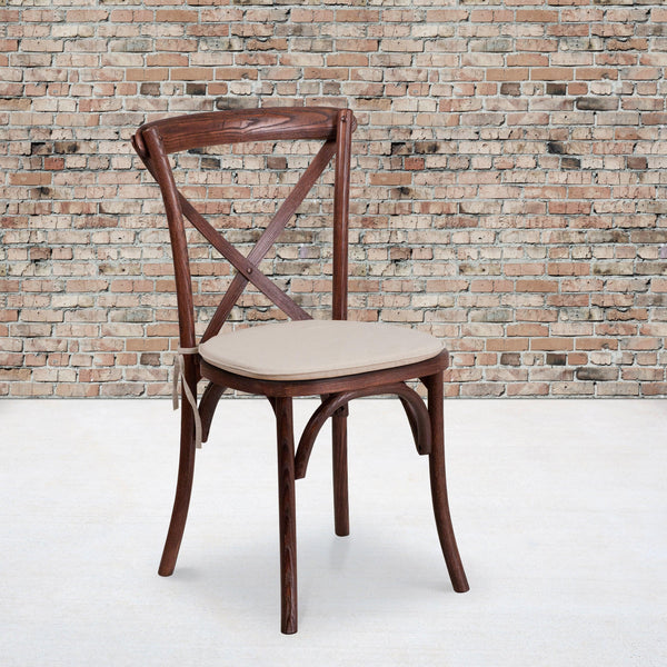 Mahogany |#| Stackable Mahogany Wood Cross Back Chair with Cushion - Dining Room Seating