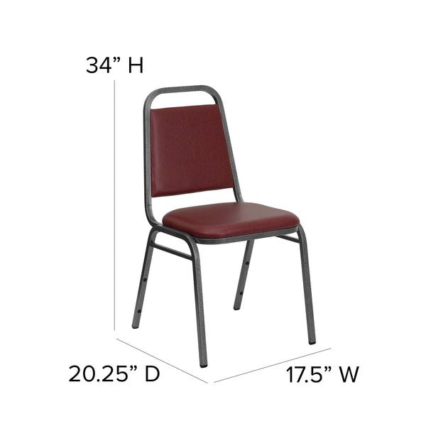 Burgundy Vinyl/Silver Vein Frame |#| Trapezoidal Back Stacking Banquet Chair in Burgundy Vinyl with 1.5inch Thick Seat