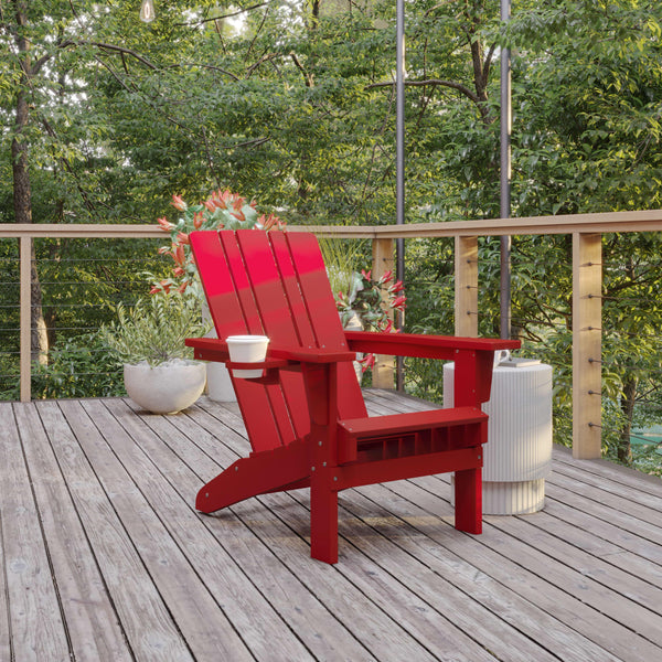 Red |#| Commercial Grade All-Weather Adirondack Chair with Swiveling Cupholder - Red