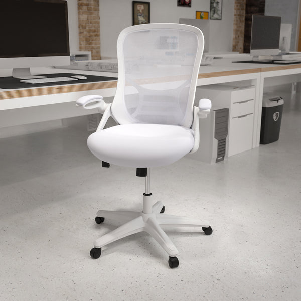 White |#| High Back White Mesh Ergonomic Office Chair with White Frame and Flip-up Arms