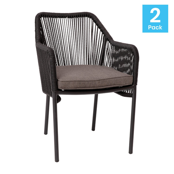 Black/Gray |#| Woven Indoor/Outdoor Stacking Club Chairs in Black - Gray Cushions-Set of 2