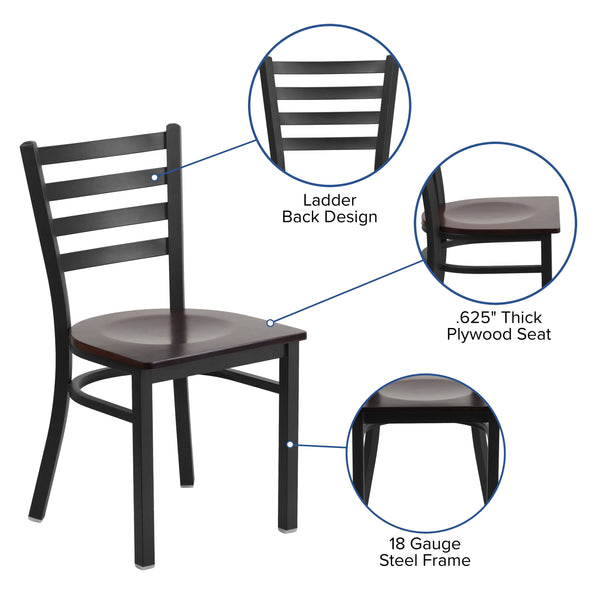 Walnut Wood Seat/Black Metal Frame |#| Black Ladder Back Metal Restaurant Chair - Walnut Wood Seat