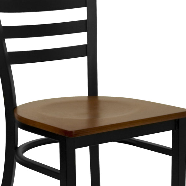 Cherry Wood Seat/Black Metal Frame |#| Black Ladder Back Metal Restaurant Chair - Cherry Wood Seat