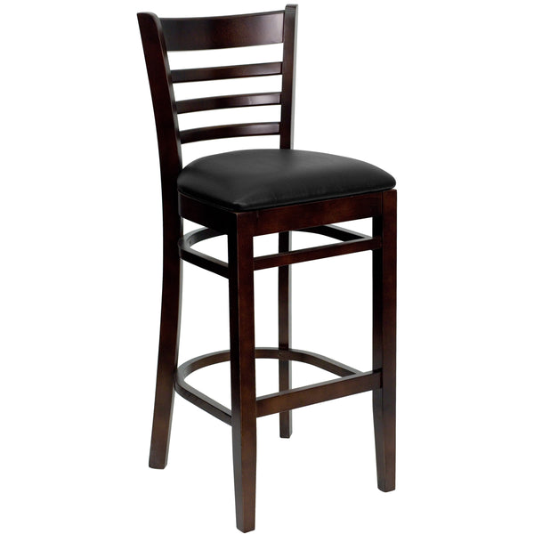 Black Vinyl Seat/Walnut Wood Frame |#| Ladder Back Walnut Wood Restaurant Barstool - Black Vinyl Seat