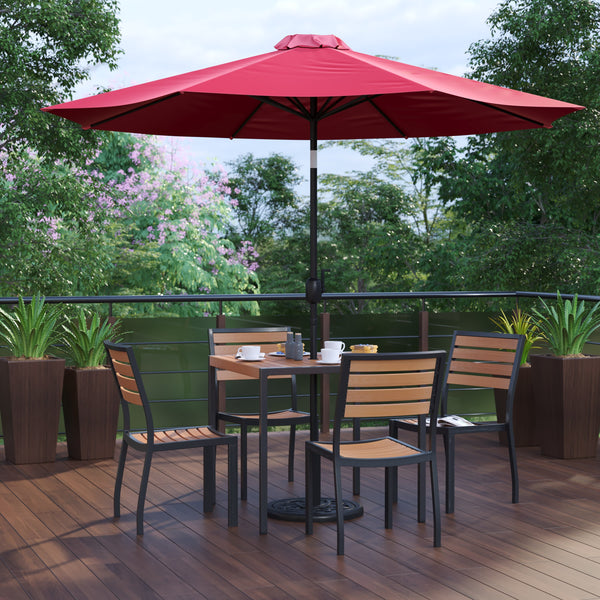 Red |#| Faux Teak 35inch Square Patio Table, 4 Chairs & Red 9FT Patio Umbrella with Base