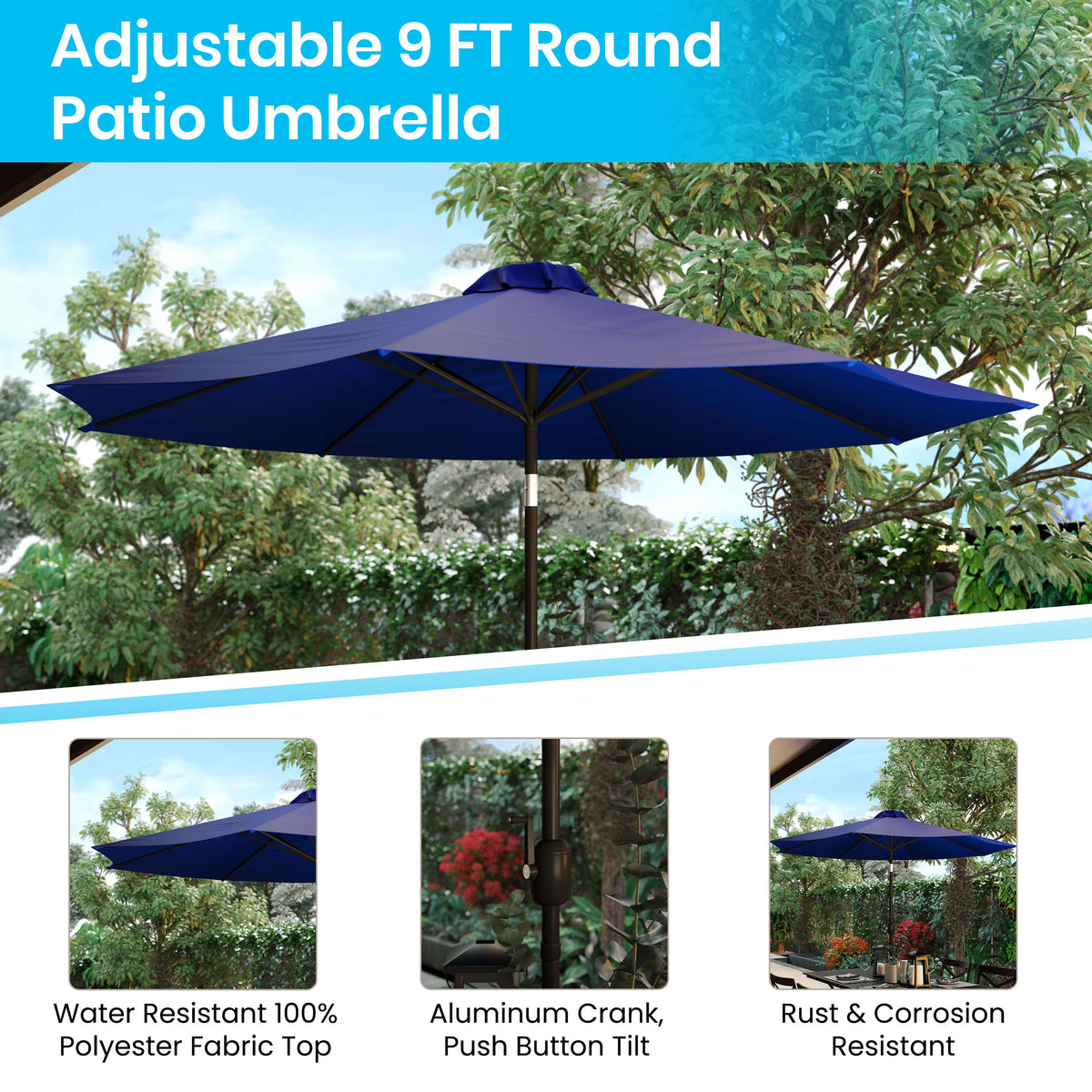 Navy |#| Faux Teak 35inch Square Patio Table, 4 Chairs & Navy 9FT Patio Umbrella with Base