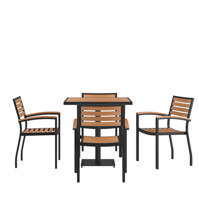 Lark Indoor/Outdoor 5 Piece Patio Dining Table Set with Faux Teak Table & 4 Stacking Club Chairs with Teak Accented Arms