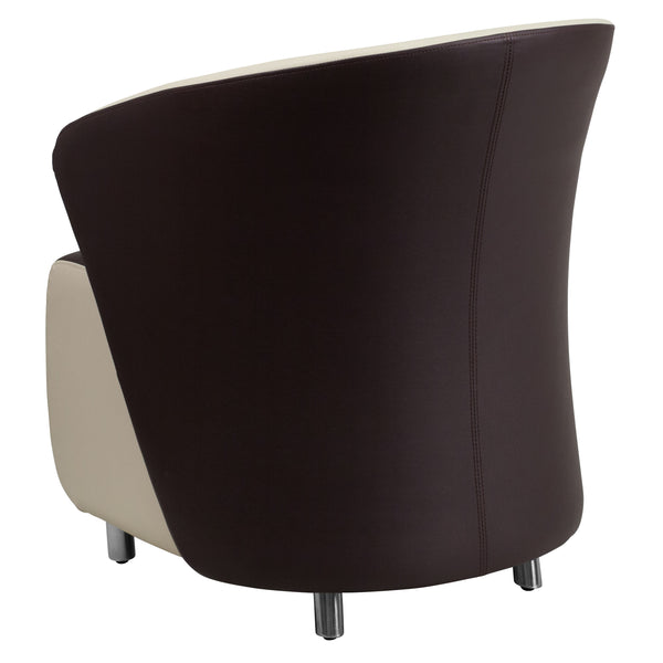 Dark Brown and Beige |#| Dark Brown LeatherSoft Curved Barrel Back Lounge Chair with Beige Detailing