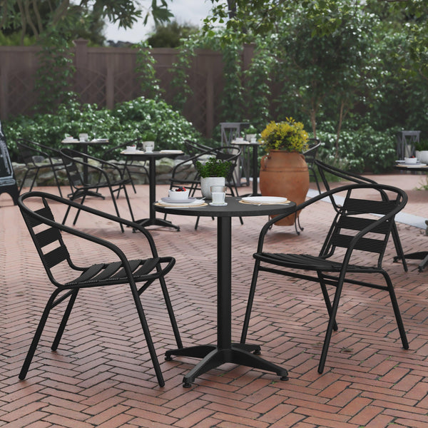 Black |#| Modern 23.5inch Round Glass Framed Glass Table with 2 Black Slat Back Chairs