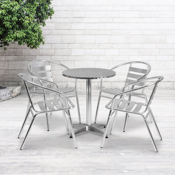 23.5inch Round Aluminum Indoor-Outdoor Table Set with 4 Slat Back Chairs