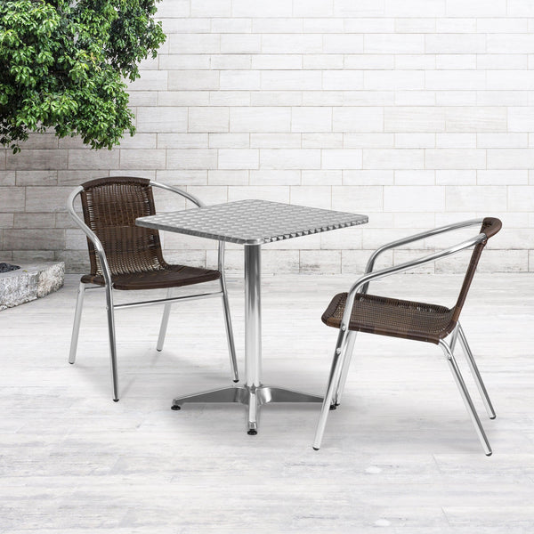 Dark Brown |#| 23.5inch Square Aluminum Indoor-Outdoor Table Set with 2 Dark Brown Rattan Chairs