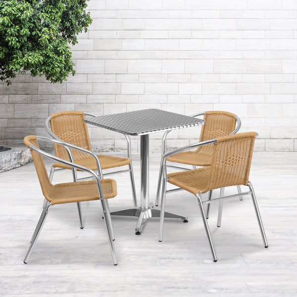 Beige |#| 23.5inch Square Aluminum Indoor-Outdoor Table Set with 4 Beige Rattan Chairs