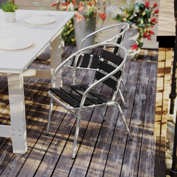 Black |#| Commercial Metal Indoor-Outdoor Stack Chair-Black Triple Slat Faux Teak Back