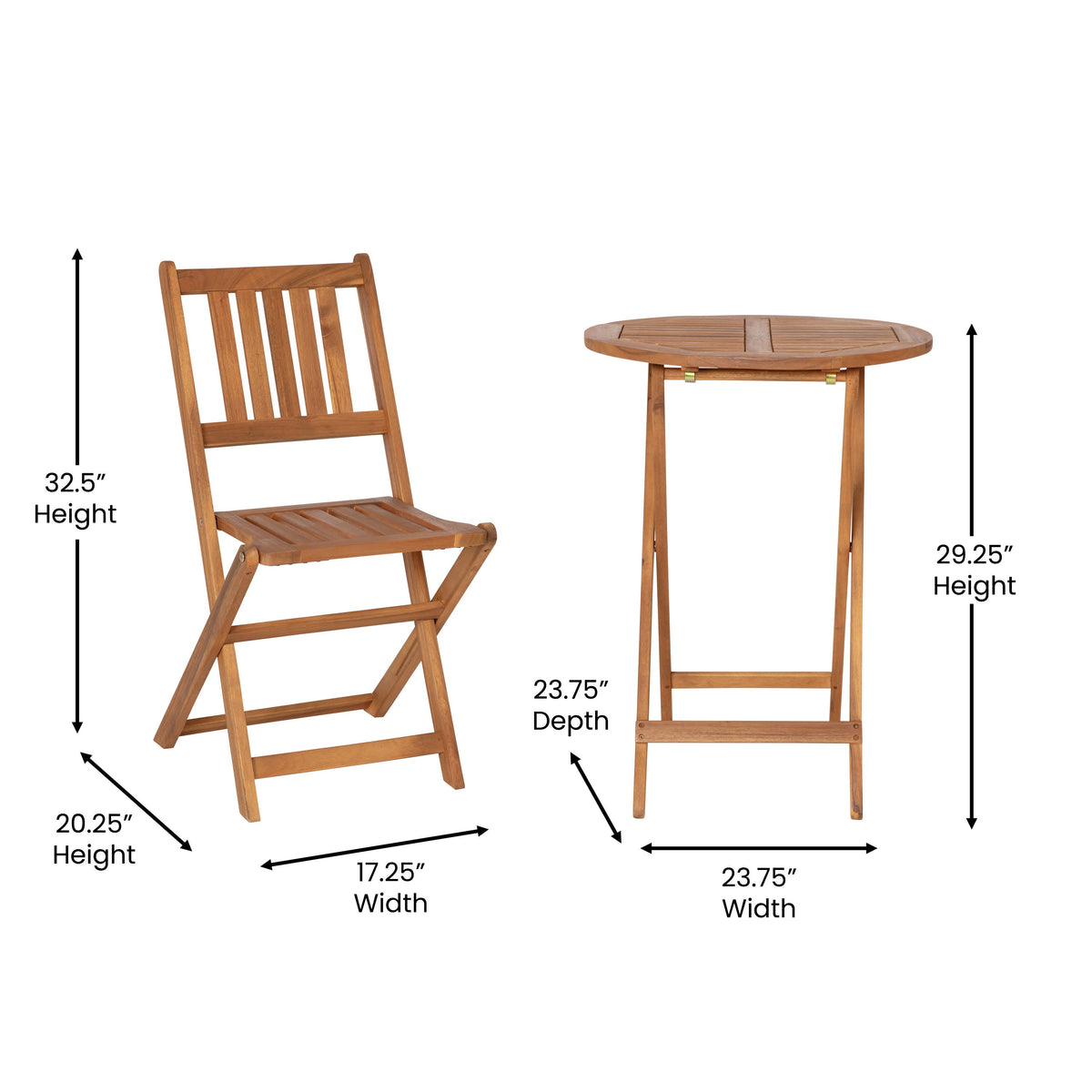 Indoor/Outdoor Acacia Wood Folding Table and 2 Chair Bistro Set in Natural