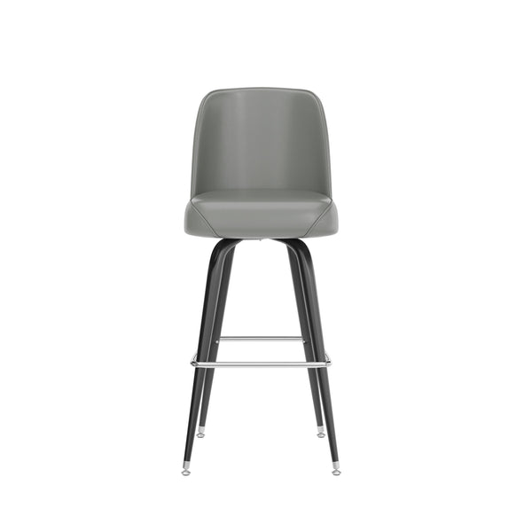 Gray |#| Metal Bar Stool with Swivel Vinyl Bucket Seat and Footrest in Gray