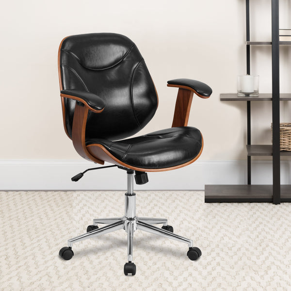 Mid-Back Black LeatherSoft Executive Ergonomic Wood Swivel Office Chair w/Arms