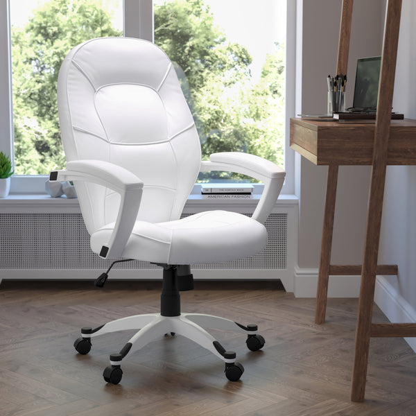 Mid-Back White LeatherSoft Tapered Back Executive Swivel Office Chair with Arms