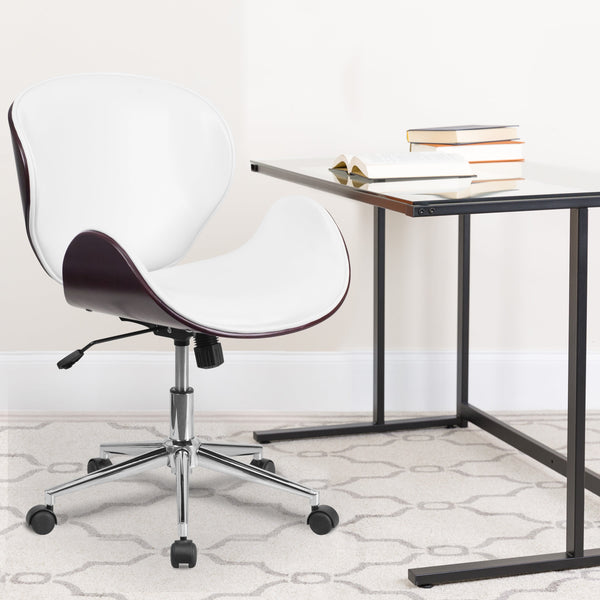 White LeatherSoft/Mahogany Frame |#| Mid-Back Mahogany Wood Conference Office Chair in White LeatherSoft