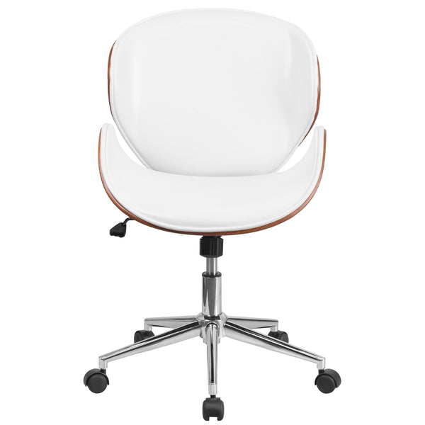 White LeatherSoft/Walnut Frame |#| Mid-Back Walnut Wood Conference Office Chair in White LeatherSoft