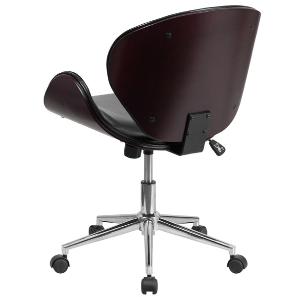 Black LeatherSoft/Mahogany Frame |#| Mid-Back Mahogany Wood Conference Office Chair in Black LeatherSoft