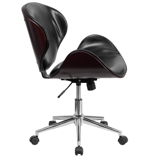 Black LeatherSoft/Mahogany Frame |#| Mid-Back Mahogany Wood Conference Office Chair in Black LeatherSoft